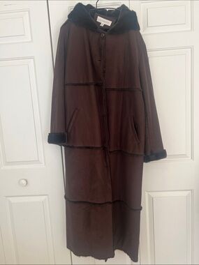 Liz Claiborne Dark Brown Long Faux-Suede Hooded Trench Coat